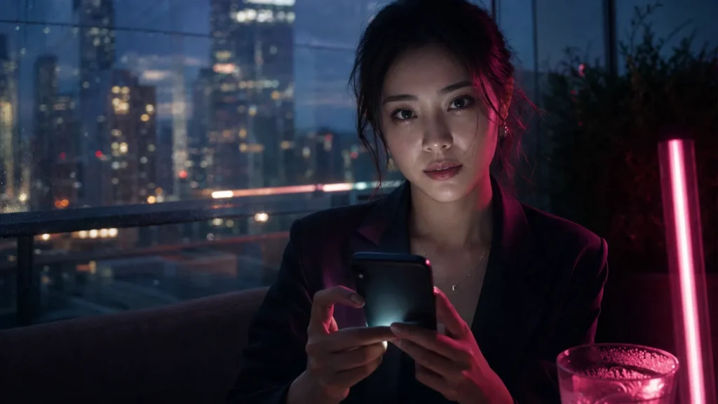 Woman on a rooftop at dusk looks up from her phone the instant her vote confirms. (AI-generated image)
