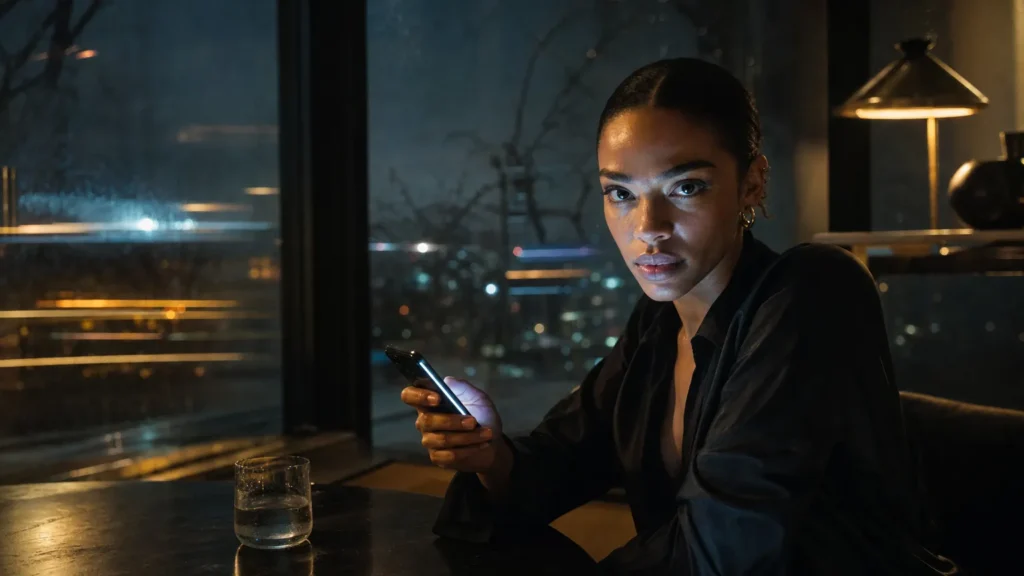 Close portrait of a woman at night lit by her phone, waiting as a weekly round closes. (AI-generated image)