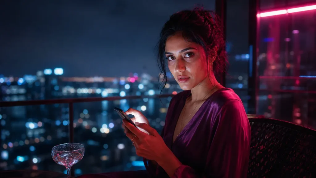 A woman on a night rooftop looks at the camera, her thumb above a glowing phone. (AI-generated image) A woman on a night rooftop looks at the camera, her thumb above a glowing phone. (AI-generated image)