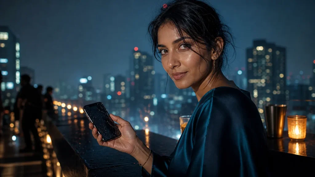 A woman on a rainy rooftop at night holds a cracked phone and smiles at the camera. (AI-generated image) A woman on a rainy rooftop at night holds a cracked phone and smiles at the camera. (AI-generated image)